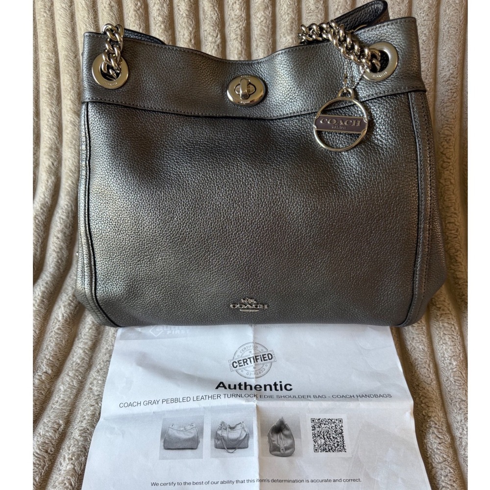Coach Edie Shoulder Bag Metallic Gray Pebbled Leather Turnlock 22764 Handbag